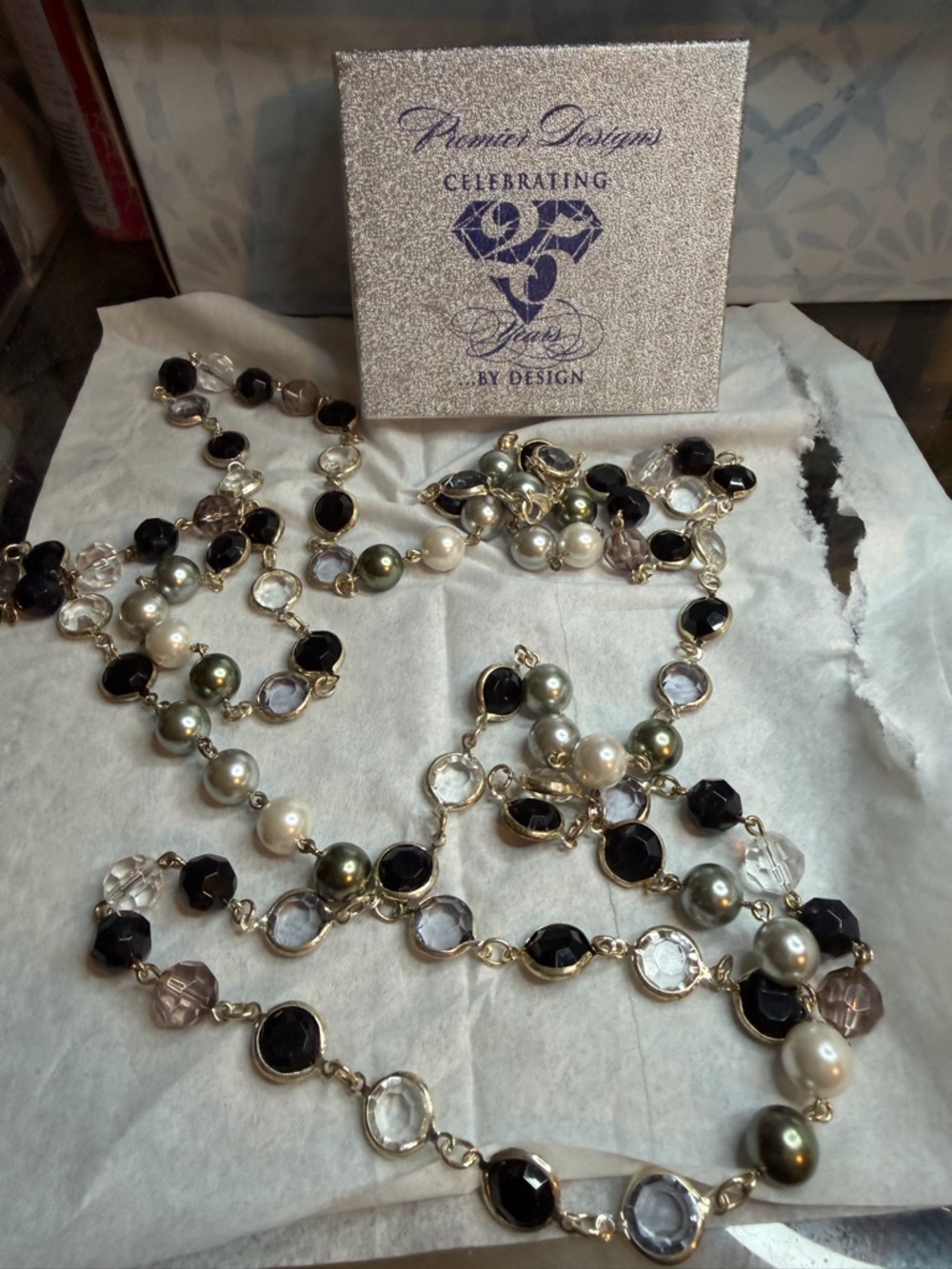Premier Designs Black, White and Olive Pearl Multi-Gem Long Necklace